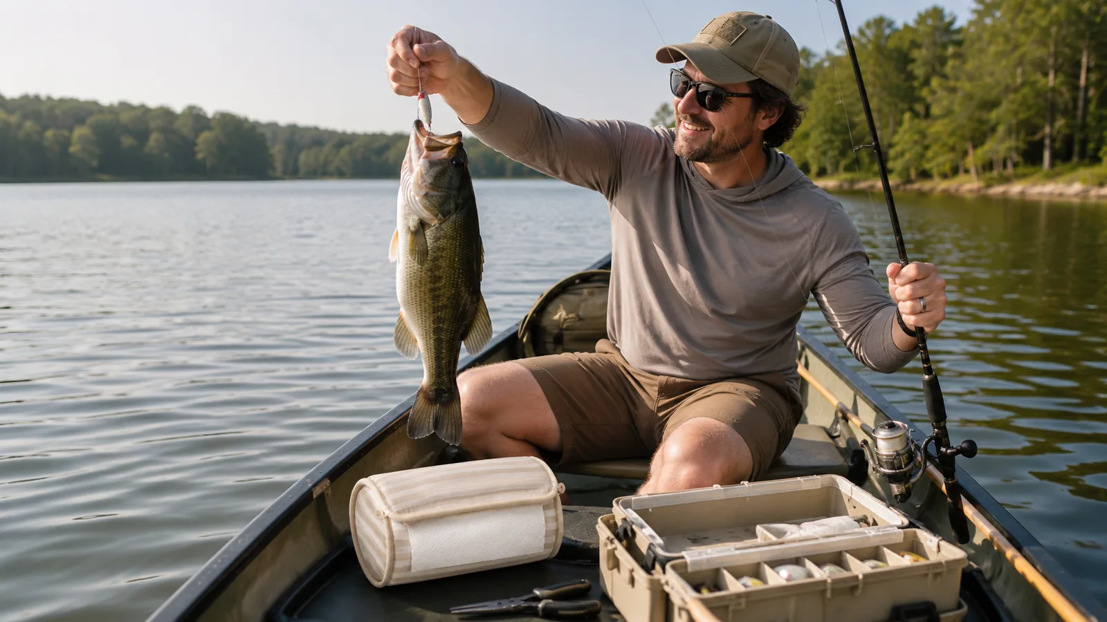 LazyTowel beside a tackle box in a canoe while fishing