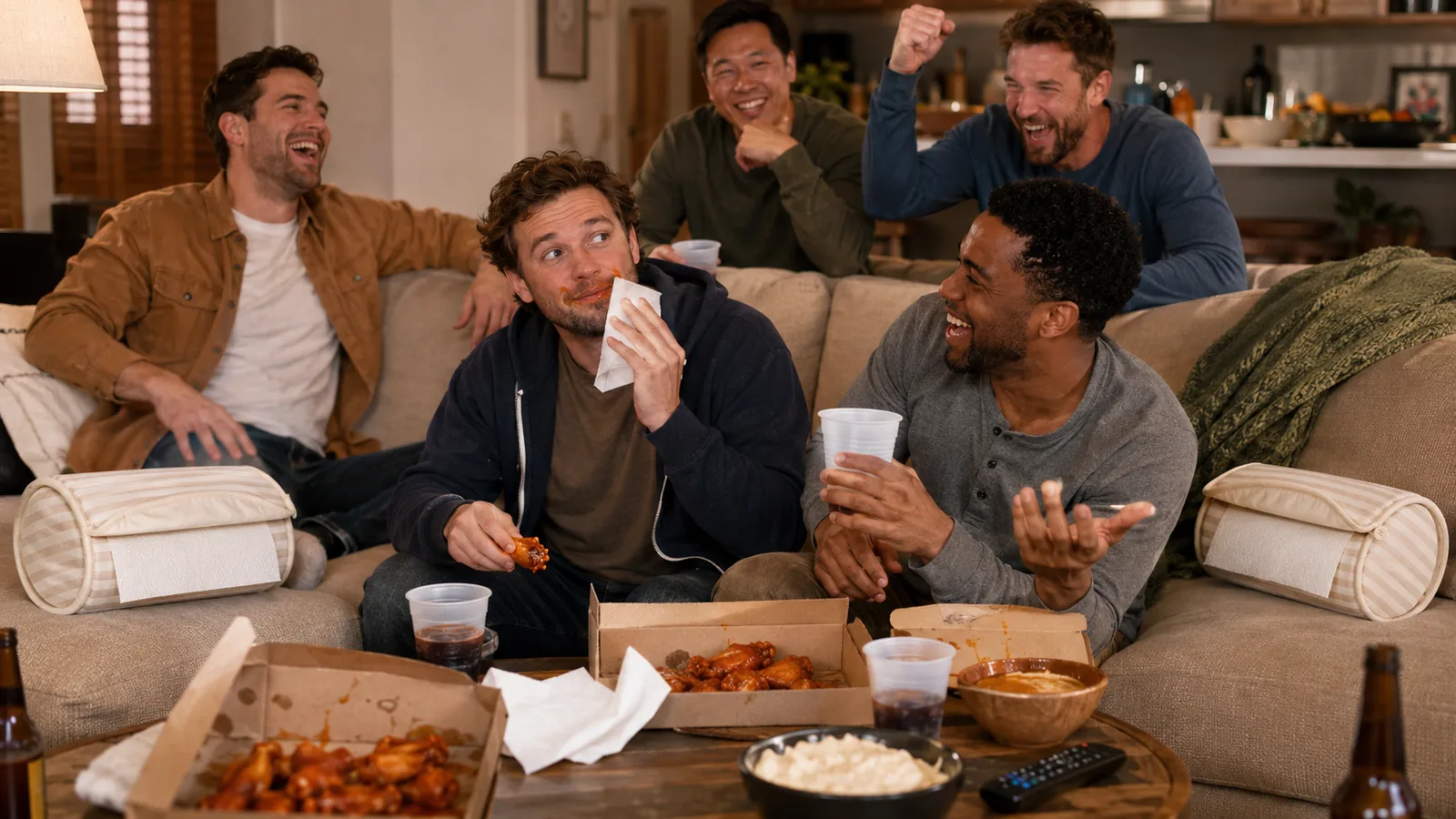 Friends eating wings on a sectional couch with LazyTowels on both sides