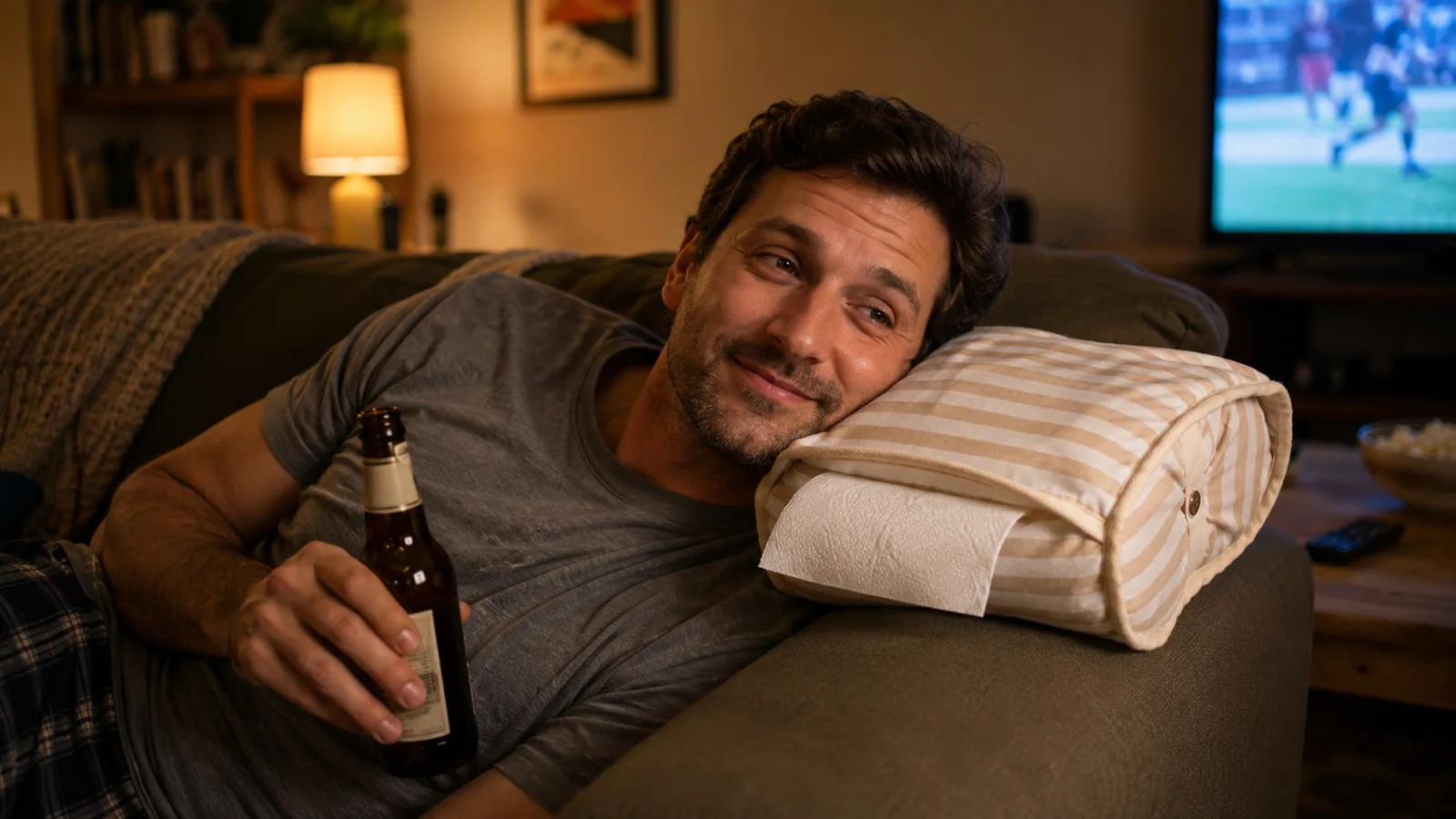 Man lounging on a couch using LazyTowel like a pillow