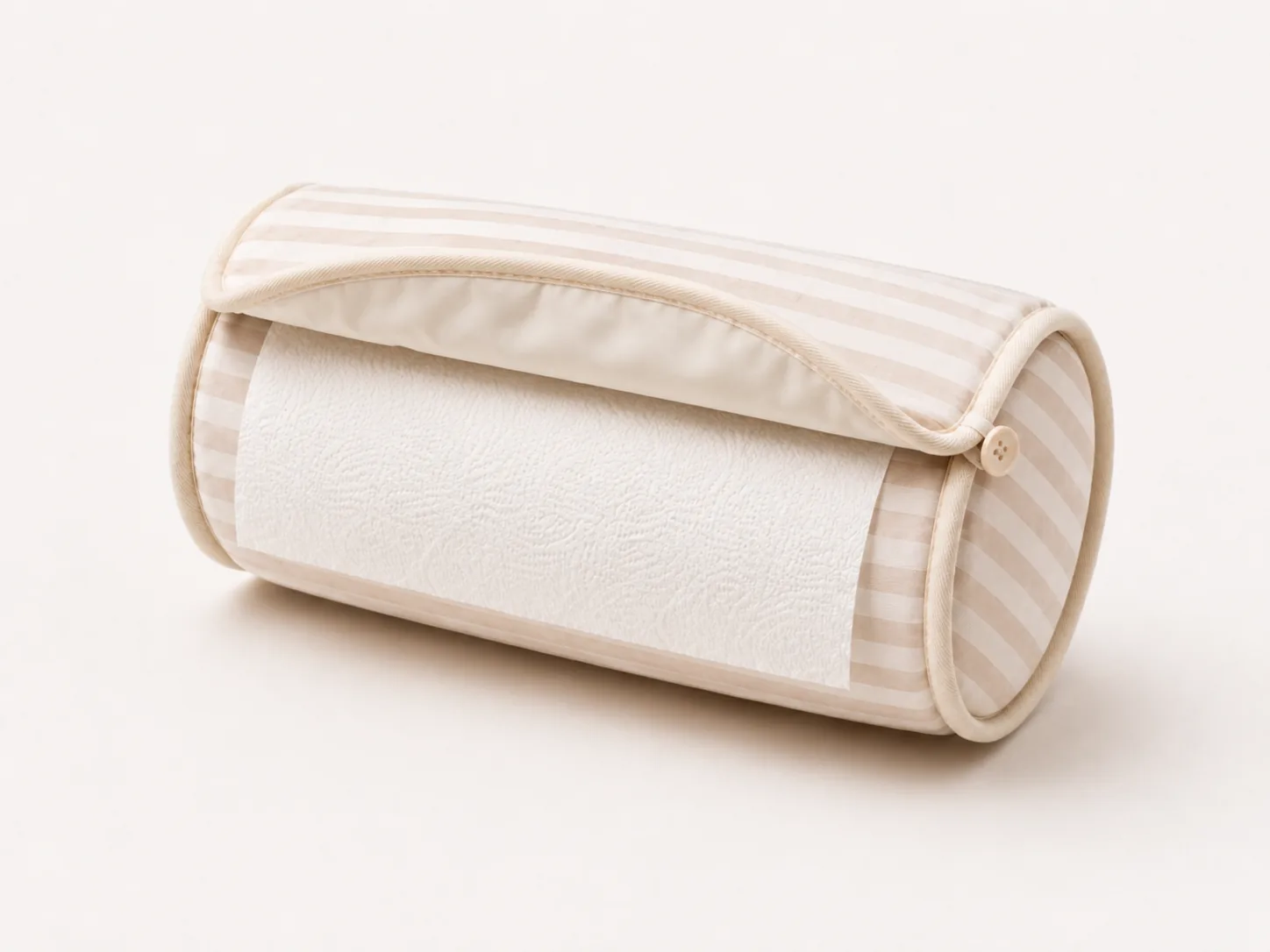 LazyTowel beige striped paper towel pillow dispenser with a sheet pulled from the middle